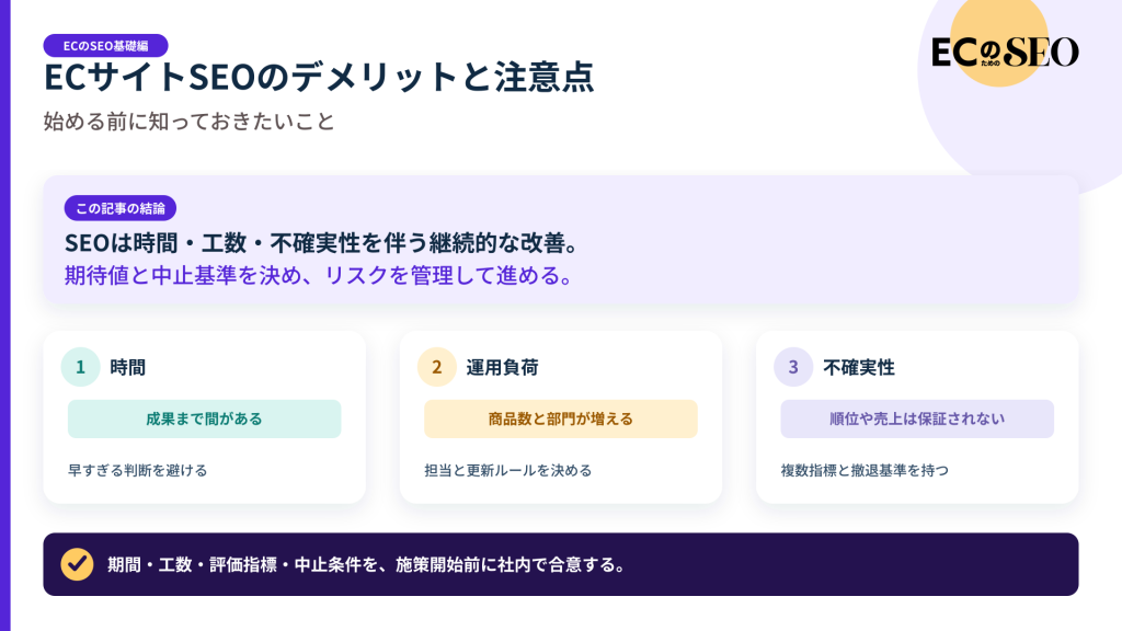 時間・工数・不確実性など、始める前に知る注意点を示します。記事の結論と3つの要点をまとめた図