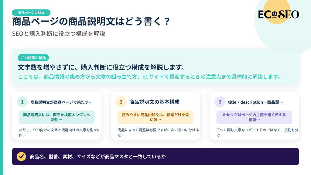 文字数を増やさずに、購入判断に役立つ構成を解説します。記事の結論と3つの要点をまとめた図