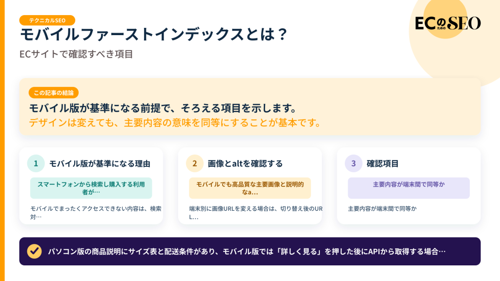 モバイル版が基準になる前提で、そろえる項目を示します。記事の結論と3つの要点をまとめた図