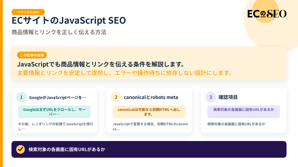 JavaScriptでも商品情報とリンクを伝える条件を解説します。記事の結論と3つの要点をまとめた図