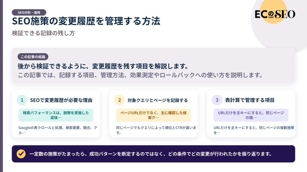 後から検証できるように、変更履歴を残す項目を解説します。記事の結論と3つの要点をまとめた図